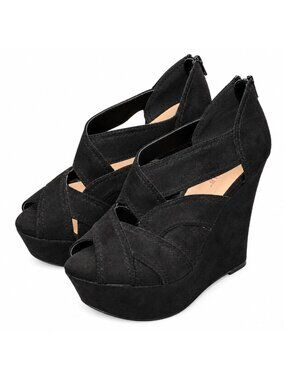 JustFab Black Suede Peep Toe Platform Wedge Heels Ankle Strap Size 9